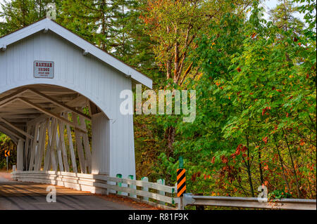 Scio, Oregon, USA - October 6,2015: Oregon's Hannah covered bridge crossed Thomas Creek in Linn County near the town of Scio and built in 1936. Stock Photo