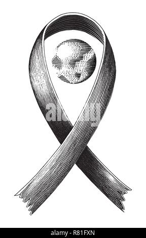 The red ribbon of AIDS symbol and globe hand draw vintage engraving style isolated on white background Stock Vector