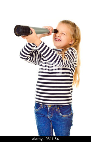 little girl with telescope isolated on a white background Stock Photo