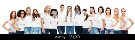 group of happy different women in white t-shirts Stock Photo