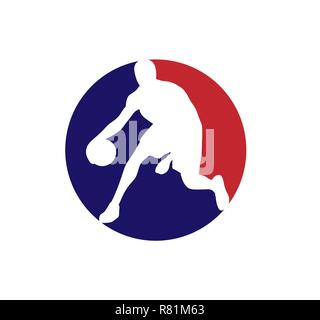 White basketball player silhouette isolated on two color circle Stock Vector
