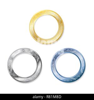 Set of three metal color frames isolated on white background Stock Vector
