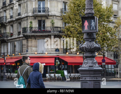 Paris, France - Oct 2, 2018. Traffic light at downtown of Paris, France. Paris was ranked as the third most visited travel destination in the world in Stock Photo