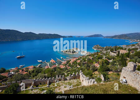 Scenic view of of Kekova Island and Kalekoy from Simena Castle, Kas Antalya Turkey. Stock Photo