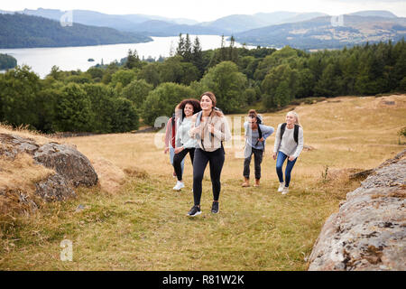 Multi ethnic group of five young adult friends hiking across a field uphill towards the summit, front view Stock Photo