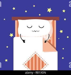 Smiling Cute Cartoon sleeping Pillow on stripped bed, Habituate kid card or poster. Stock Vector