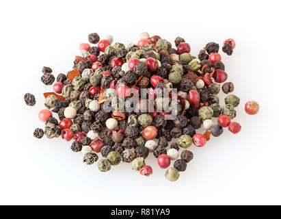 Mixed of diffrent kind peppercorns isolated on white background Stock Photo