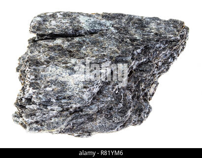 macro photography of natural mineral from geological collection - rough quartz biotite schist stone on white background Stock Photo