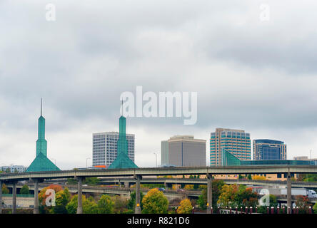 View of Portland, Oregon's eastside from the westside waterfront that is divided by the Willamette River not seen in this image. Stock Photo