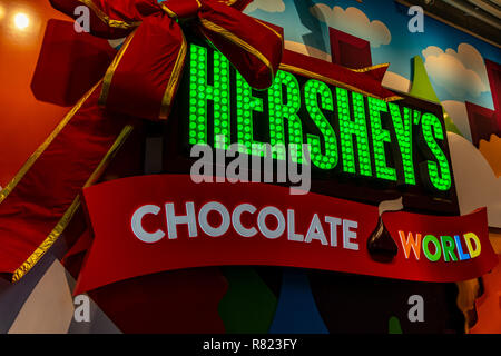 Hershey, PA, USA - December 11, 2018:  The Chocolate World sign in the main lobby. Stock Photo