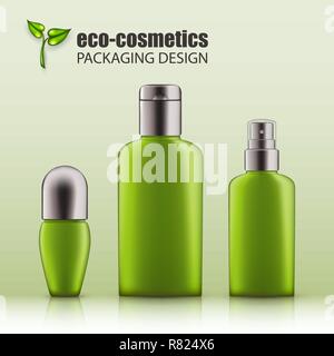 Set of realistic green glass bottles with silver cap for eco-cosmetic. Empty package for skincare cosmetic - body deodorant, spray, lotion, cream. Bla Stock Vector