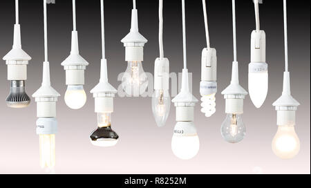 Various lamps, light bulbs, energy saving lamps and LED lamps Stock Photo