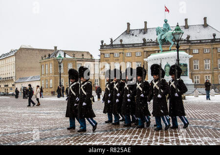 Changing of the guard, royal bodyguards, ceremony outside the Amalienborg royal palace, Copenhagen, Capital Region of Denmark Stock Photo