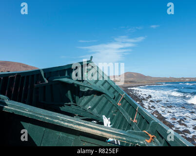 Small fishing boat used by illegal immigrants crossing from Africa to the  the Canary Islands on Lanzarote. 2018 Stock Photo - Alamy