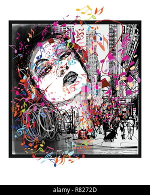 Woman listening to music in New York- vector illustration Stock Vector
