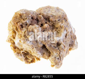 macro photography of natural mineral from geological collection - raw travertine ( freshwater limestone) stone on white background Stock Photo