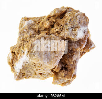 macro photography of natural mineral from geological collection - rough travertine ( freshwater limestone) stone on white background Stock Photo
