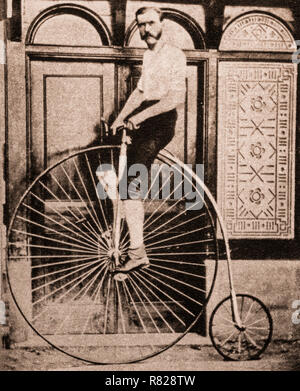 The penny-farthing, also known as a high wheel, high wheeler and ordinary, was the first machine to be called a 'bicycle' Popular in the 1870s and 1880s, with its large front wheel providing high speeds (owing to it travelling a large distance for every rotation of the legs) and comfort (the large wheel provides greater shock absorption), it became obsolete from the late 1880s with the development of modern bicycles, which provided similar speed amplification via chain-driven gear trains and comfort through pneumatic tyres, and were marketed in comparison to penny-farthings as 'safety bicycles Stock Photo