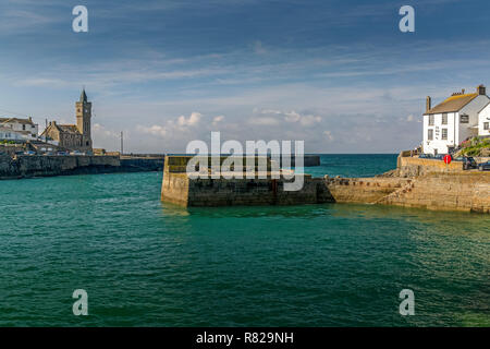 The harbour walls at Porthleven in Cornwall, England, with the Ship Inn on the right. Stock Photo