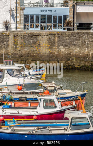 Celebrity chef Rick Steins restaurant, from across the other side of the harbour at Porthleven in Cornwall, England. Stock Photo