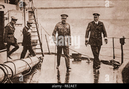 Lord Kitchener on HMS Iron Duke before leaving for a mission to Russia. Eventually the ship was torpdoed or mined, to sink with all hands on June 5th, 1916. Stock Photo