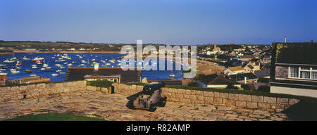 Hugh town harbour viewed from the garrison. St Mary's. Scilly Isles. Cornwall. UK Stock Photo