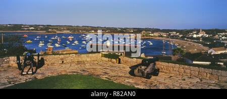 Hugh town harbour viewed from the garrison. St Mary's. Scilly Isles. Cornwall. UK Stock Photo