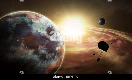 Spacecraft orbiting and explore distant solar system and exoplanets. Realistic deep cosmos satellite travel light-years from earth 3D illustration. Stock Photo