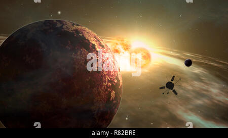 Space probe orbiting and explore distant double star solar system and exoplanets. Realistic deep cosmos satellite travel light-years from earth 3D ill Stock Photo