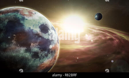 Exoplanet sunrise flare and accretion disk. Realistic 3D of stars, planet and nebula gas clouds in a distant galaxy. Space travel and cosmos explorati Stock Photo