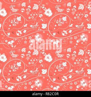 Bird seamless pattern in the living coral color Stock Vector
