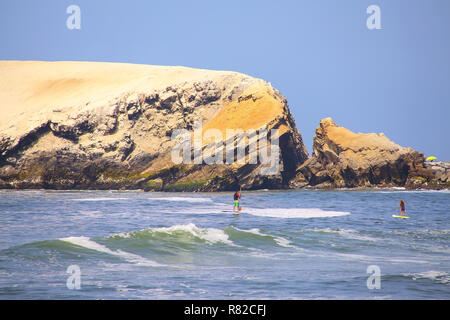 Rock formations and waves in Punta Hermosa, Peru. Punta Hermosa is a popular beach town not far from Lima. Stock Photo