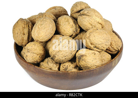 walnuts (variety Red Danube) in a wooden bowl isolated on white background Stock Photo