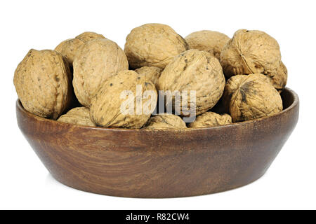walnuts (variety Red Danube) in a wooden bowl isolated on white background Stock Photo