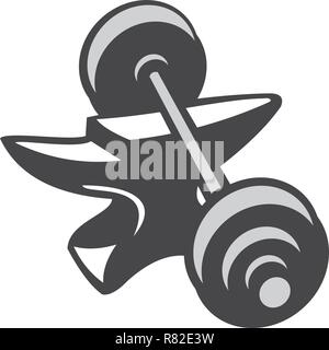 Illustration of a barbell dumbell weights on top of anvil done in black and white grayscale retro style on isolated white background. Stock Vector
