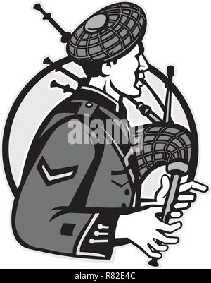 Illustration of a scotsman bagpiper playing bagpipes viewed from side set inside circle on isolated white background done in black and white grayscale Stock Vector