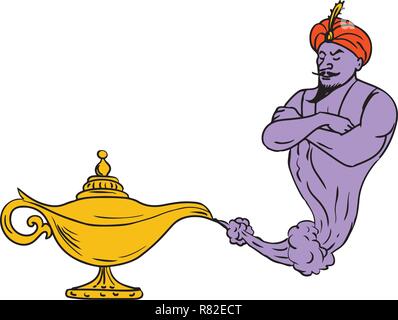 Drawing sketch style illustration of an Arabian genie coming out of a golden or gold oil lamp on isolated white background. Stock Vector