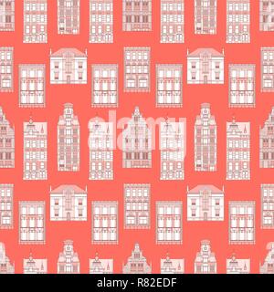 Coral Old City, white houses on the coral background, seamless pattern Stock Vector
