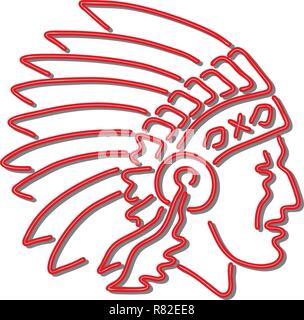 Retro style illustration showing a 1990s neon sign light signage lighting of a Native American Indian chief wearing headdress viewed from side on isol Stock Vector