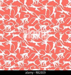 White monkey on the coral background, seamless pattern Stock Vector