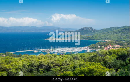 Porquerolles island and yacht marina view, Provence Cote d'Azur, France Stock Photo