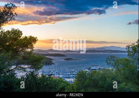 Twilight landscape of Porquerolles island, landscape from the fortress viewpoint. Provence Cote d'Azur, France Stock Photo