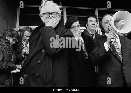 Michael Foot MP at a demonstration by Ebbw Vale steelworkers against the closure of their plant, Ebbw Vale Rugby Club, South Wales, February 1975. Stock Photo