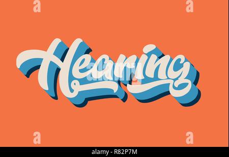 hearing hand written word text for typography design in orange blue white color. Can be used for a logo, branding or card Stock Vector