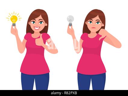 Happy young woman holding bright bulb and pointing index finger. Unhappy woman/girl  holding dull bulb and pointing to it. Idea, invention, innovation Stock Vector