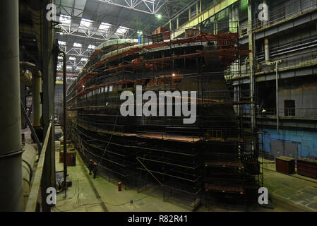 Construction of Russian cruise ship of the PV300VD project at the shipyard 'LOTOS' in Astrakhan, Russia. Stock Photo