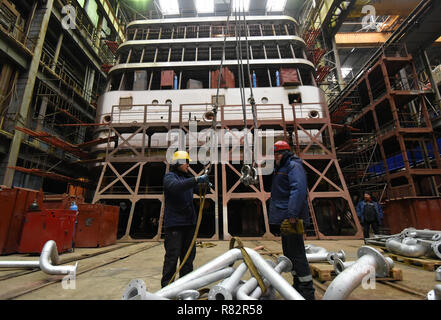 Construction of Russian cruise ship of the PV300VD project at the shipyard 'LOTOS' in Astrakhan, Russia. Stock Photo