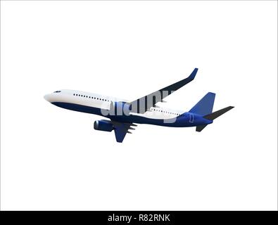 Realistic 3D model of an airplane flying in the air of white and blue coloring. Vector Illustration Stock Vector