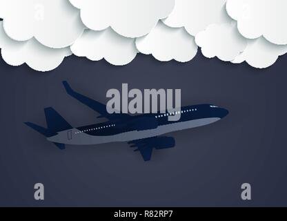 Abstract Clouds with flying realistic 3D airplane Vector Illustration Stock Vector