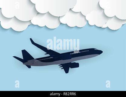 Abstract Clouds with flying realistic 3D airplane Vector Illustration Stock Vector